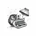Owl perched on a typewriter with ink splatters tattoo design idea