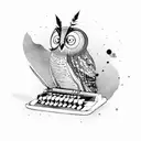 Owl perched on a typewriter with ink splatters tattoo design idea