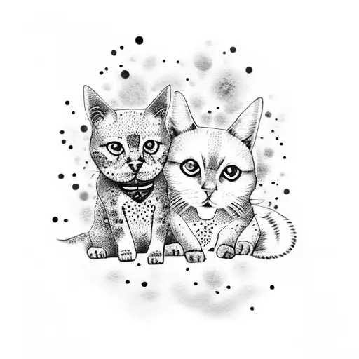 A dotwork tattoo of a dog and a cat sitting together, surrounded by a watercolor splash of vibrant nature elements like flowers and leaves tattoo design idea