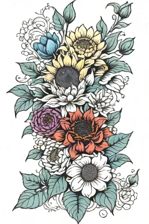 bouquet with sunflower, dairy, peony and blue water lily  tattoo design idea