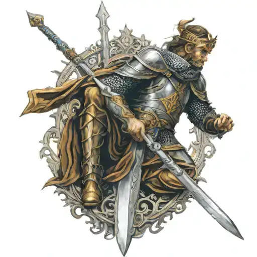 the king Arthur a knee on the floor behind his Sword excalibur tattoo design idea