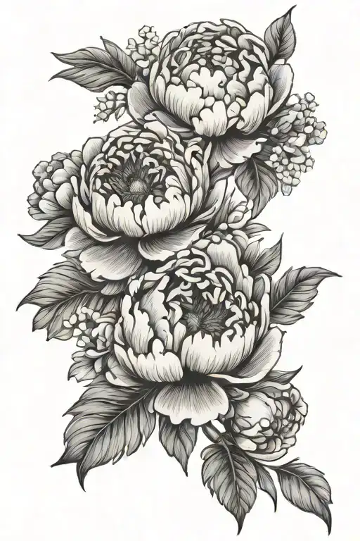 peonies with flowers and calligraphy of the words love stress tattoo design idea
