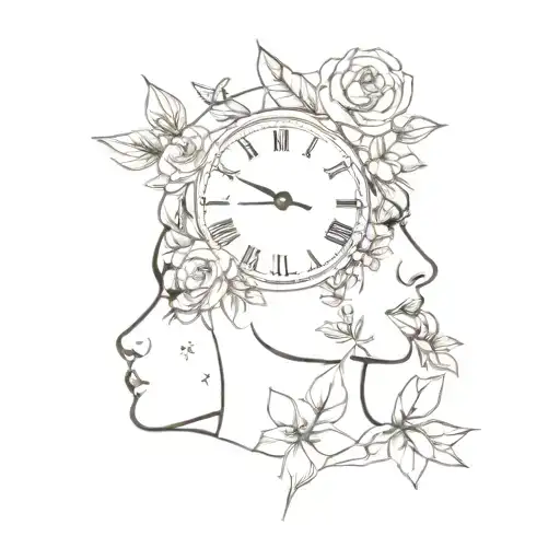 flowers on the backgorund, ear, eye,mouth and clock tattoo design idea