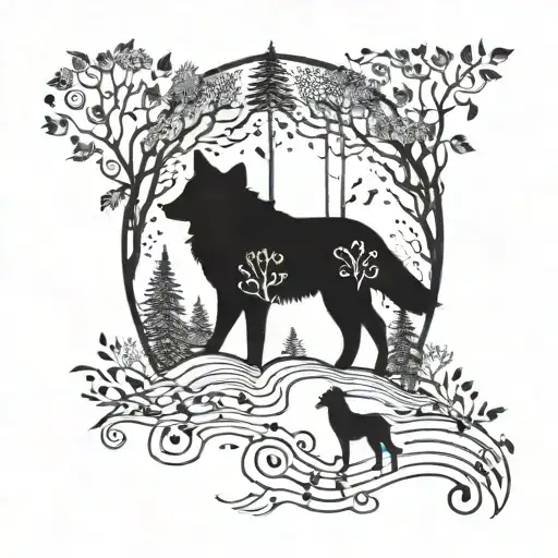 A mystical forest scene with a lone wolf and music notes floating in the air tattoo design idea