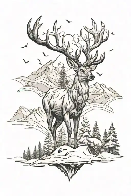 deer, winter, snow, mountain tattoo design idea