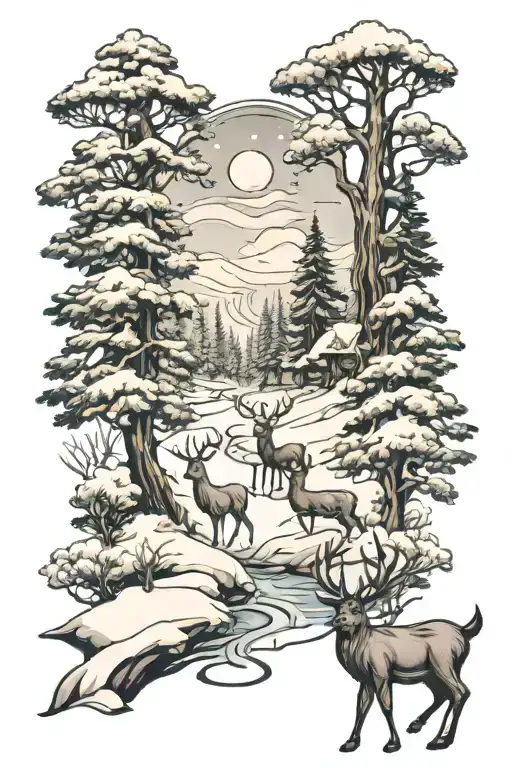 Deer forest road snow and winter tattoo design idea