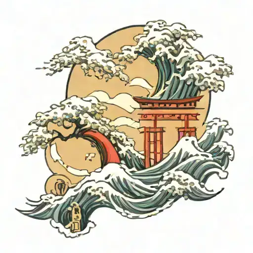 torii gate great wave tattoo design idea