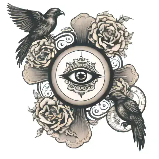 Orthodox Cross with Jesus eye in the middle surrounded by birds in a blacked out circle tattoo design idea