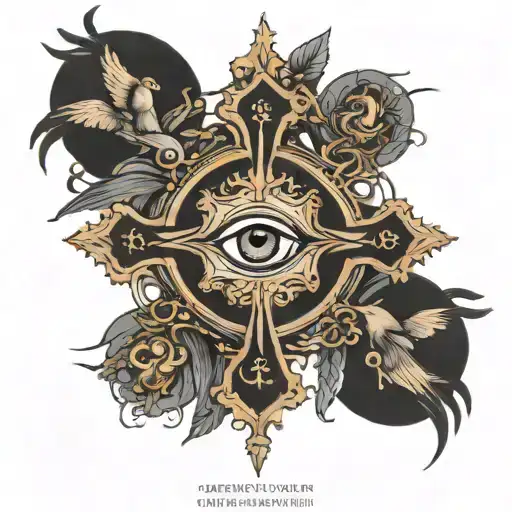 Orthodox Cross with eye in the middle surrounded by birds in a blacked out circle tattoo design idea