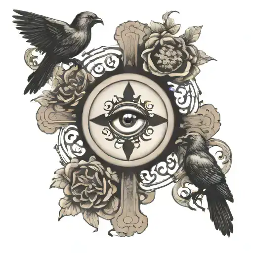 Orthodox Cross with eye in the middle surrounded by birds in a blacked out circle tattoo design idea