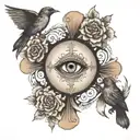 Orthodox Cross with Jesus eye in the middle surrounded by birds in a blacked out circle tattoo design idea
