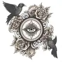 Orthodox Cross with Jesus eye in the middle surrounded by birds in a blacked out circle tattoo design idea