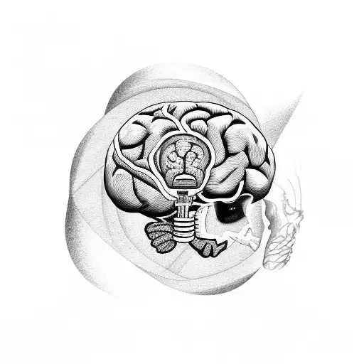 A surrealistic tattoo featuring a brain and a mountain range merging together, symbolizing the connection between the mind and nature. tattoo design idea