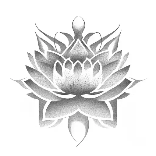 A minimalist tattoo of a lotus flower with a silhouette of a person meditating inside, representing the harmony between mind, body, and spirit. tattoo design idea