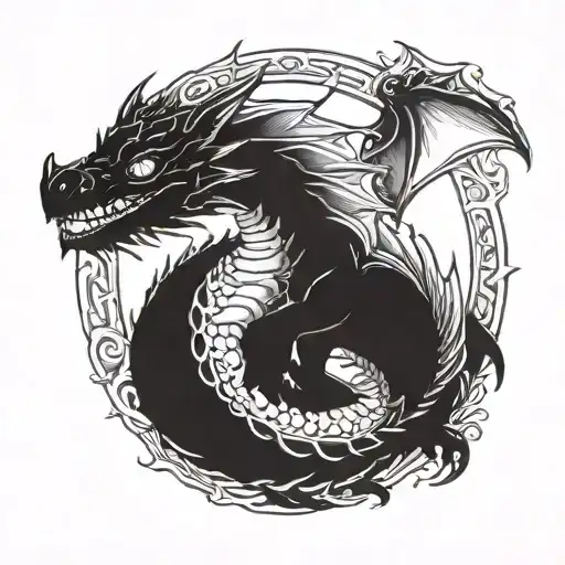 baby dragon with halo over head tattoo design idea