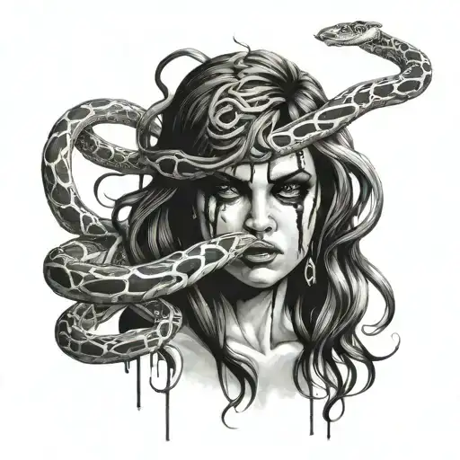 design me a tattoo, a medusa tattoo that has blood dripping from her eyes and her own snake choking her tattoo design idea