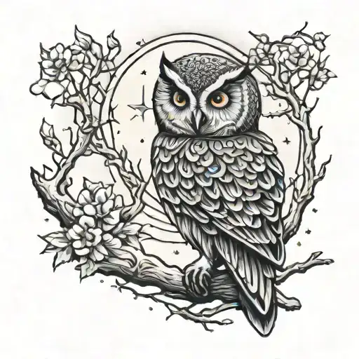 Full moon in the background and Owl sitting on the branch. a cloudy and starry night tattoo design idea