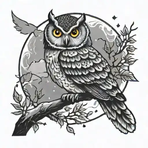 Full moon in the background and Owl sitting on the branch. a cloudy and starry night tattoo design idea