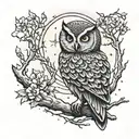 Full moon in the background and Owl sitting on the branch. a cloudy and starry night tattoo design idea