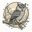 Full moon in the background and Owl sitting on the branch. a cloudy and starry night tattoo design idea