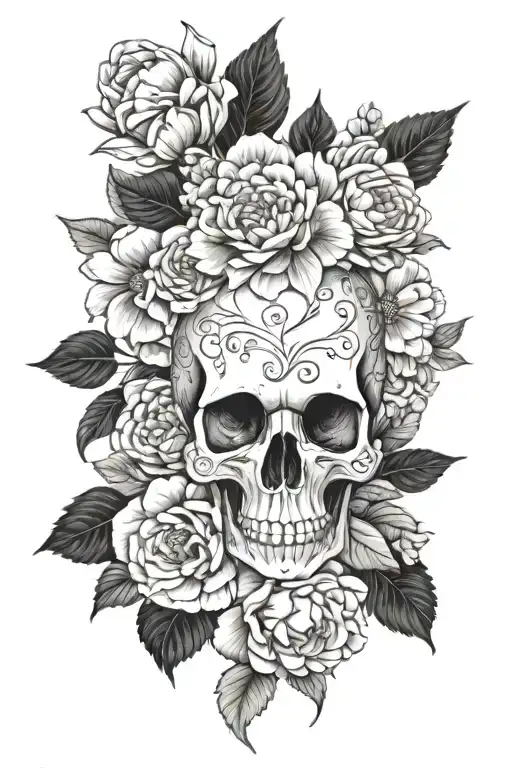 skull surrounded by hydrangeas peonies sunflowers and daises tattoo design idea