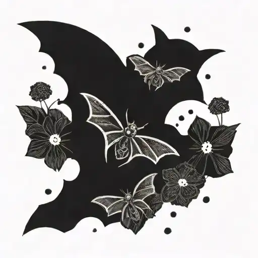 A minimalist design featuring bats flying over a field of Takashi Murakami flowers tattoo design idea