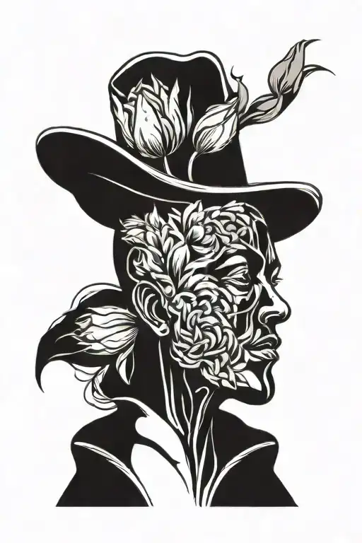 a single line curvecious body with tulips going through the head  tattoo design idea