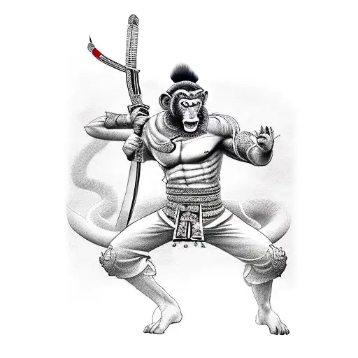 Realistic tattoo of Monkey King wielding a katana with a backdrop of Japanese kanji symbols tattoo design idea