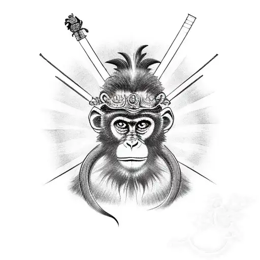 A realistic portrait of the Monkey King with intricate details of his staff and a katana in a traditional style tattoo design idea