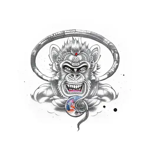 A playful and vibrant tattoo showcasing Sun Wukong in his monkey form surrounded by iconic symbols from Japan anime and manga in a new-school style tattoo design idea
