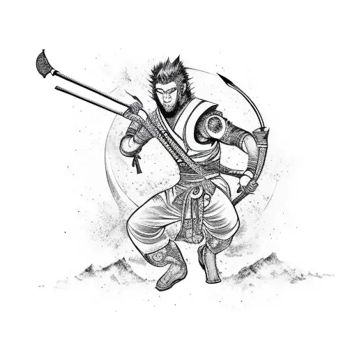 A dynamic and colorful tattoo of Sun Wukong wielding a katana in a new-school style tattoo design idea