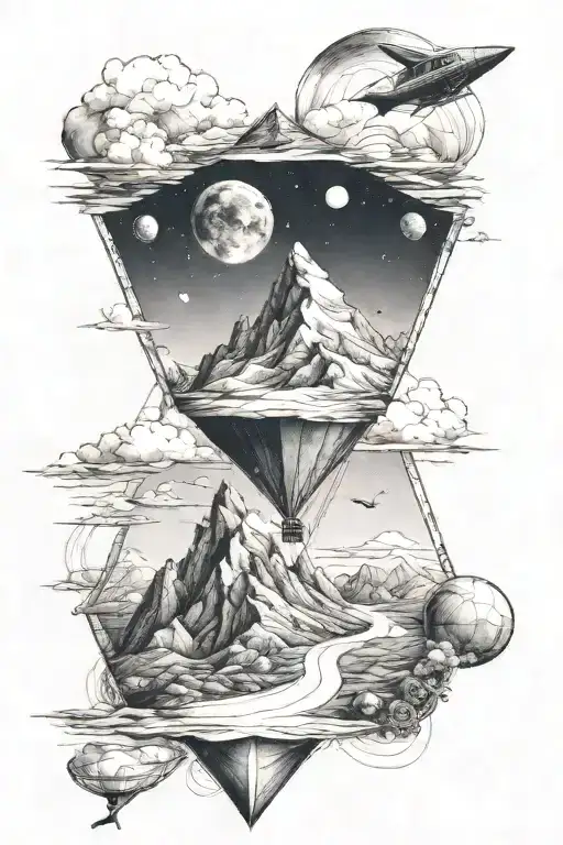 a kite inside which is space, mountains, sea and a climber tattoo design idea