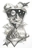 a kite inside which is space, mountains, sea and a climber tattoo design idea