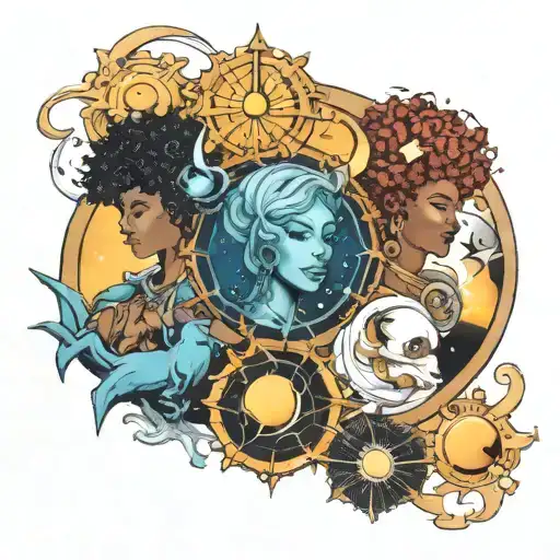 Afrocentric astrology related representing a cohesive theme of a Pieces sun, Aquarius Rising and Taurus Moon. tattoo design idea