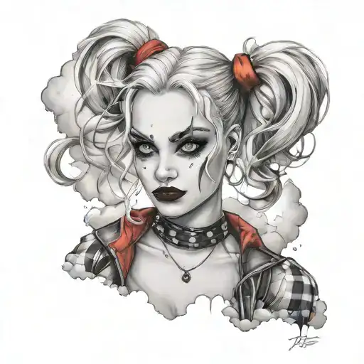 Harley Quinn style katrina surrounded by clouds tattoo design idea