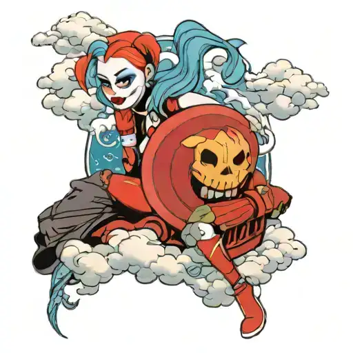 Harley Quinn style katrina surrounded by clouds tattoo design idea