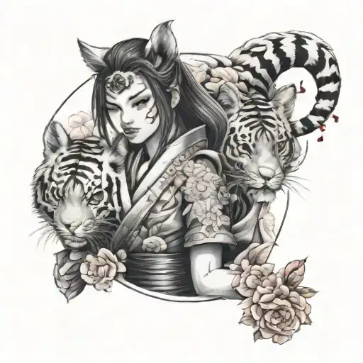 samurai woman accompanied by a tiger with blue eyes and holding a fox mask surrounded by cherry blossom petals tattoo design idea