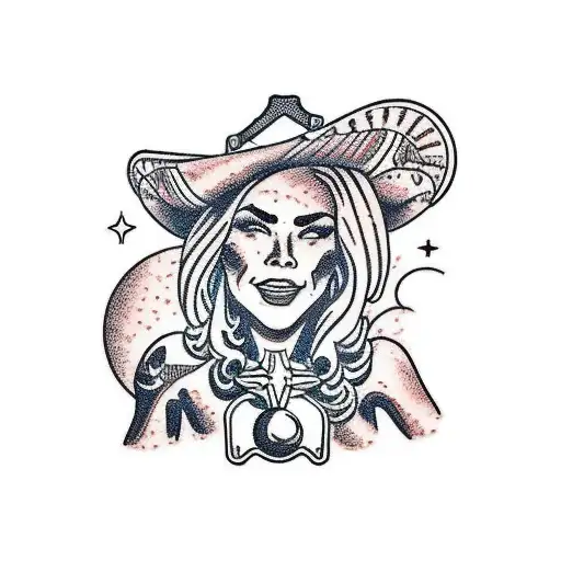 A traditional style tattoo of a cowgirl, surrounded by red rocks and alien in background  tattoo design idea