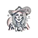 A traditional style tattoo of a cowgirl, surrounded by red rocks and alien in background  tattoo design idea