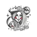 A traditional style tattoo of a cowgirl, surrounded by red rocks and alien in background  tattoo design idea