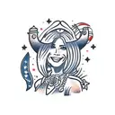 A traditional style tattoo of a cowgirl, surrounded by red rocks and alien in background  tattoo design idea