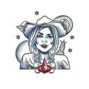A traditional style tattoo of a cowgirl, surrounded by red rocks and alien in background  tattoo design idea