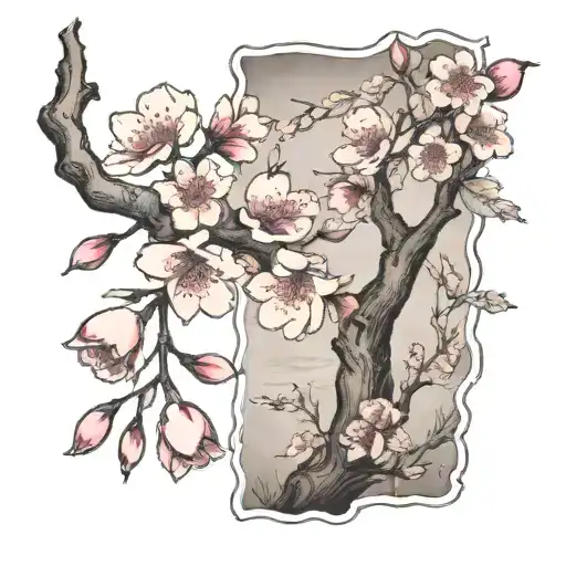 Cherry Blossom, womens half sleeve, etching, trees, flowers tattoo design idea