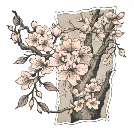 Cherry Blossom, womens half sleeve, etching, trees, flowers tattoo design idea