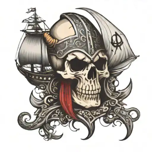 viking skull and ship tattoo design idea