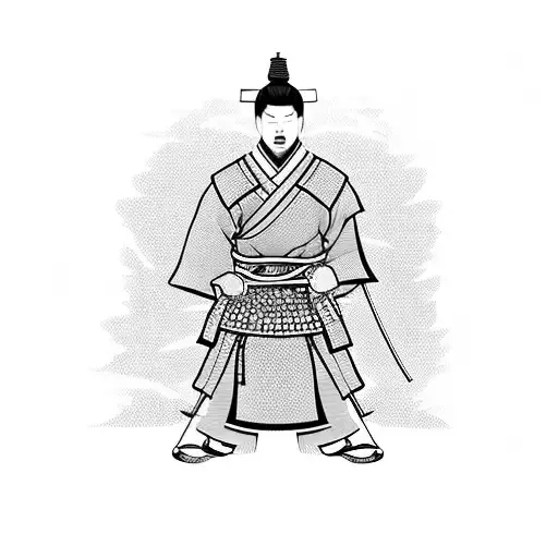 A samurai standing in front of a traditional Japanese village tattoo design idea