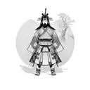 A samurai standing in front of a traditional Japanese village tattoo design idea