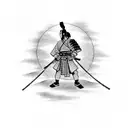 A samurai standing in front of a traditional Japanese village tattoo design idea