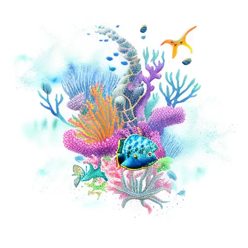 watercolour marine life theme with flowers tattoo design idea