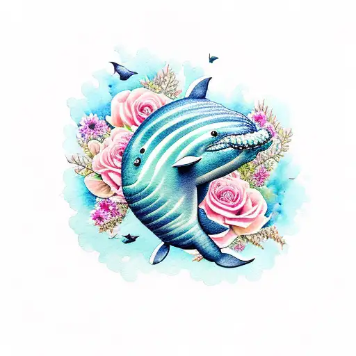 thigh tattoo watercolour whales theme with flowers tattoo design idea